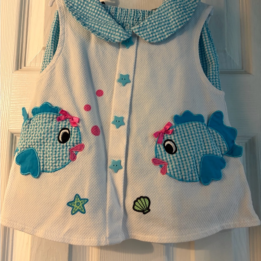 Girls White & Aqua Fish Appliqué Matching Set